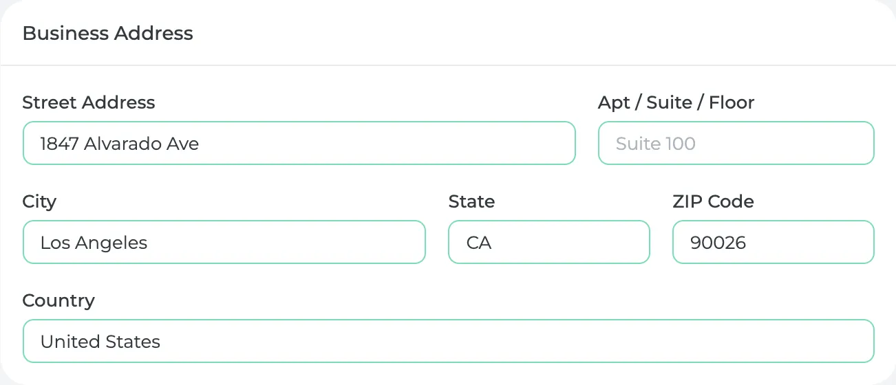 The Business Address card filled in with a street, city, state and ZIP code in Los Angeles