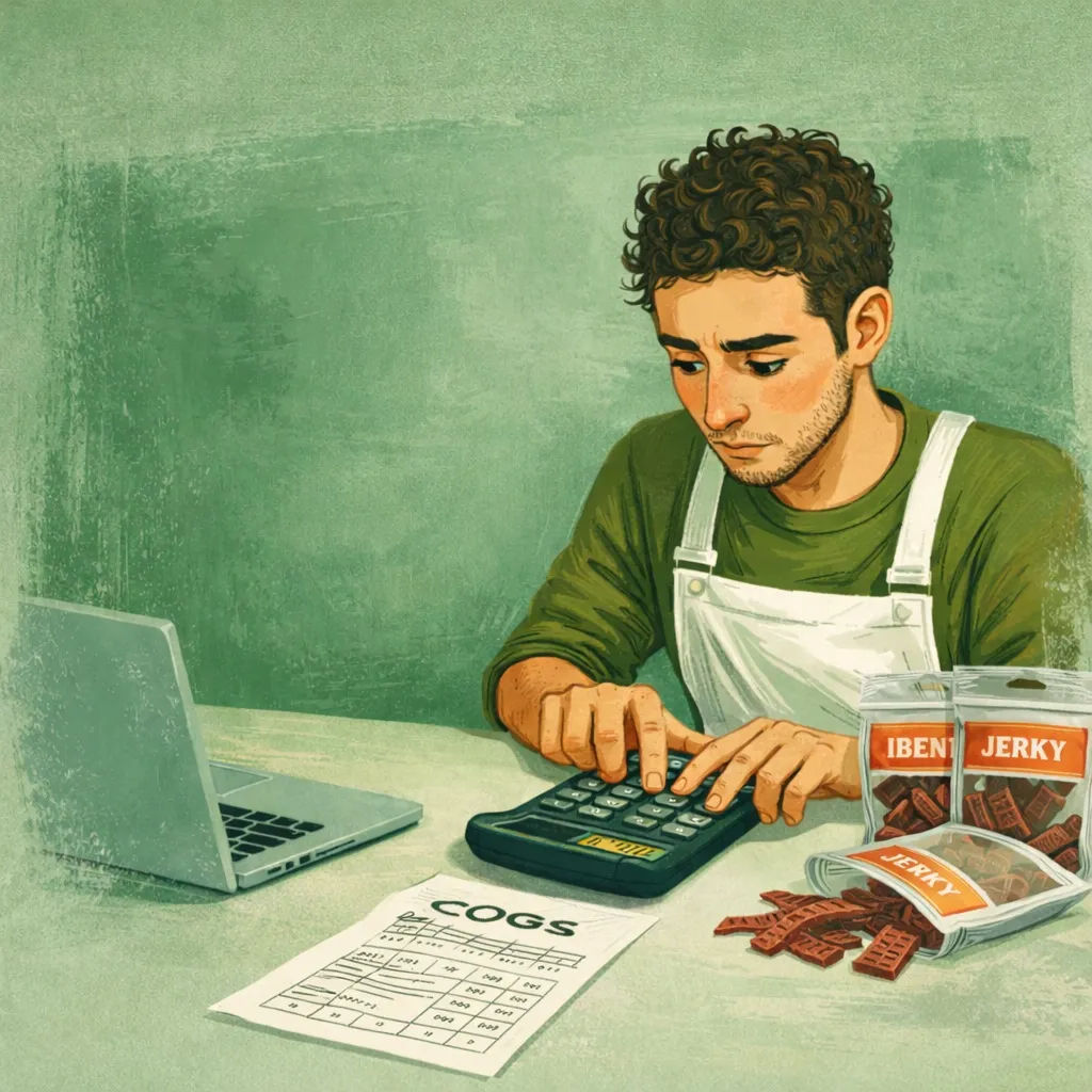 Food entrepreneur using calculator to track his COGS
