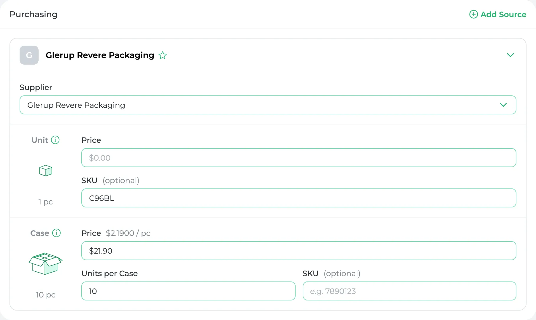 The Purchasing card for a gift box: a case of 10 for $21.90, which works out to $2.19 a box