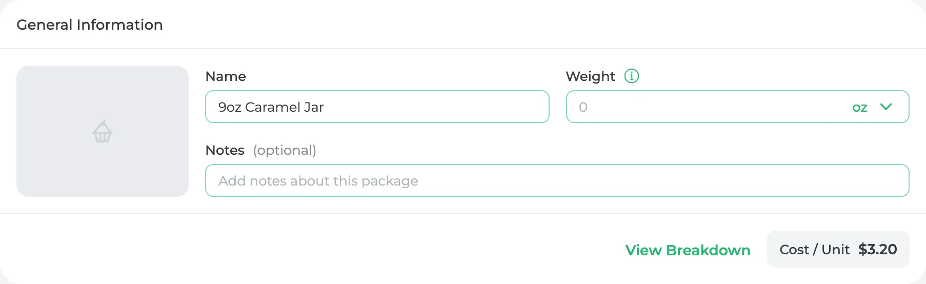 General Information for the caramel jar: Cost / Unit $3.20