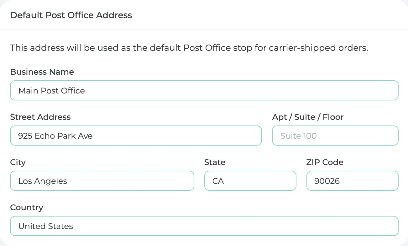 The Default Post Office Address card: Main Post Office, 925 Echo Park Ave, Los Angeles