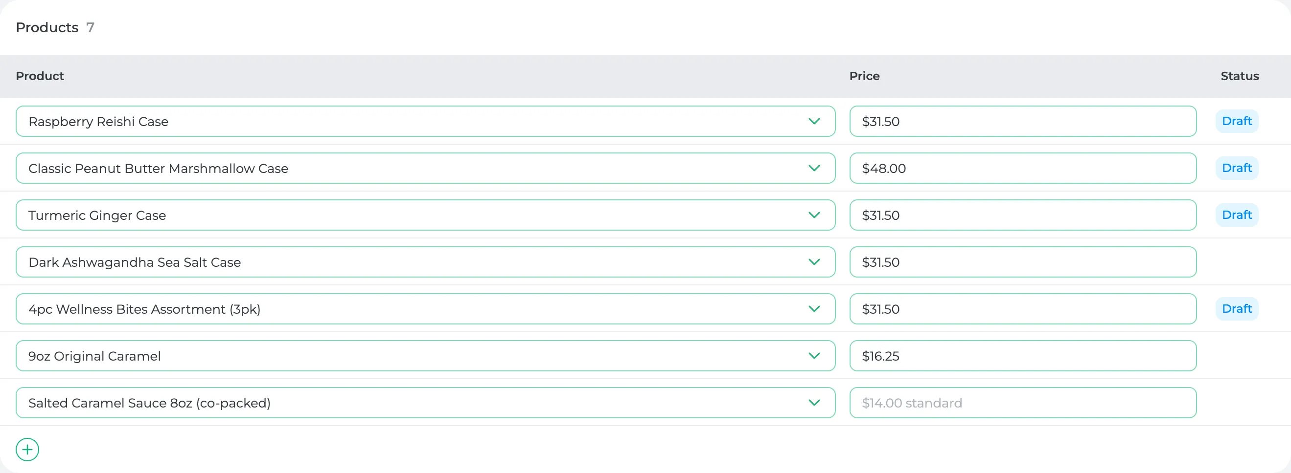A Wholesale price list: most cases at $31.50, and the caramel sauce left blank, so it shows $14.00 standard
