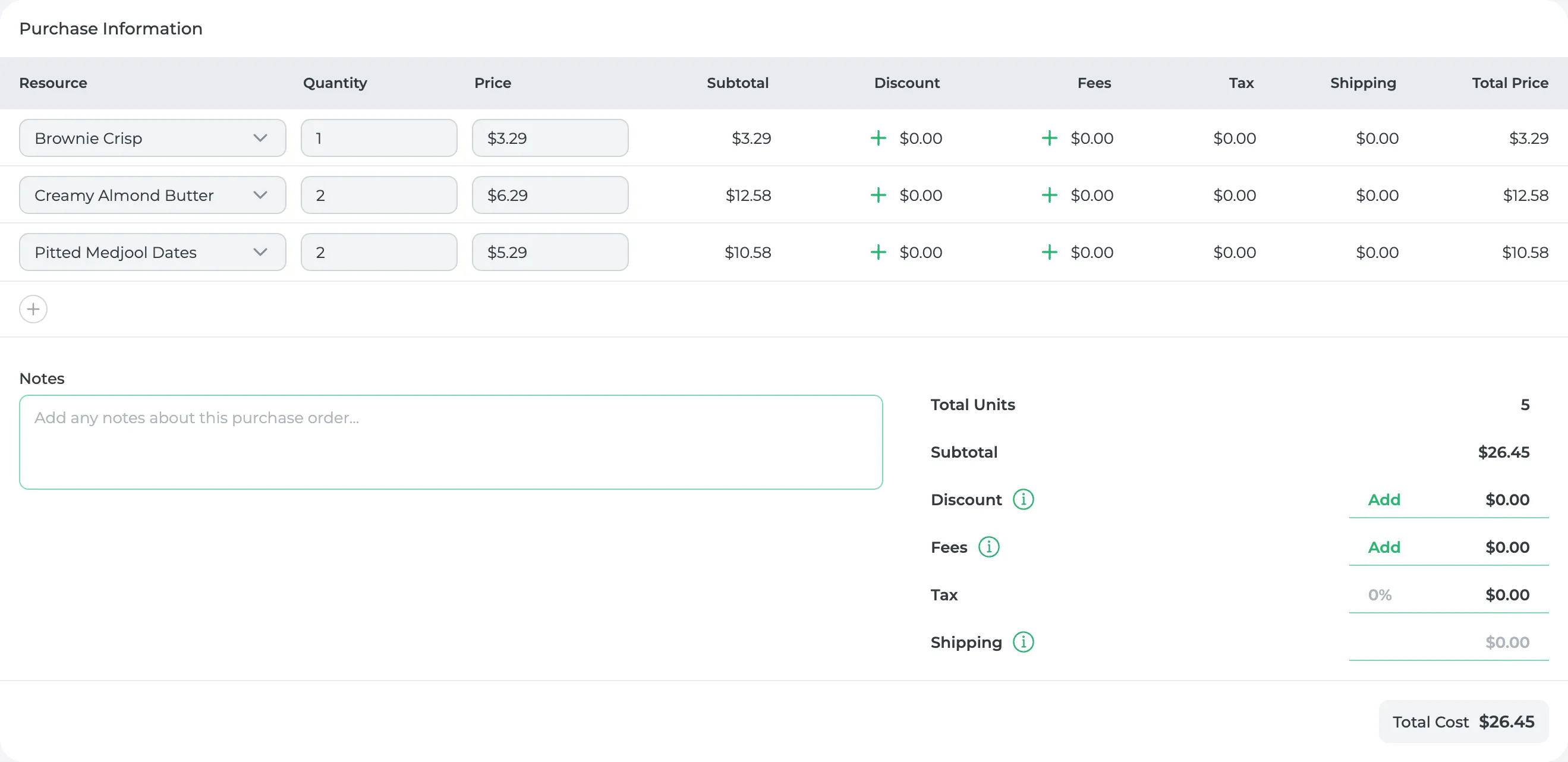 A received purchase order's lines: brownie crisp, almond butter and dates at what was paid, adding up to a total cost of $26.45