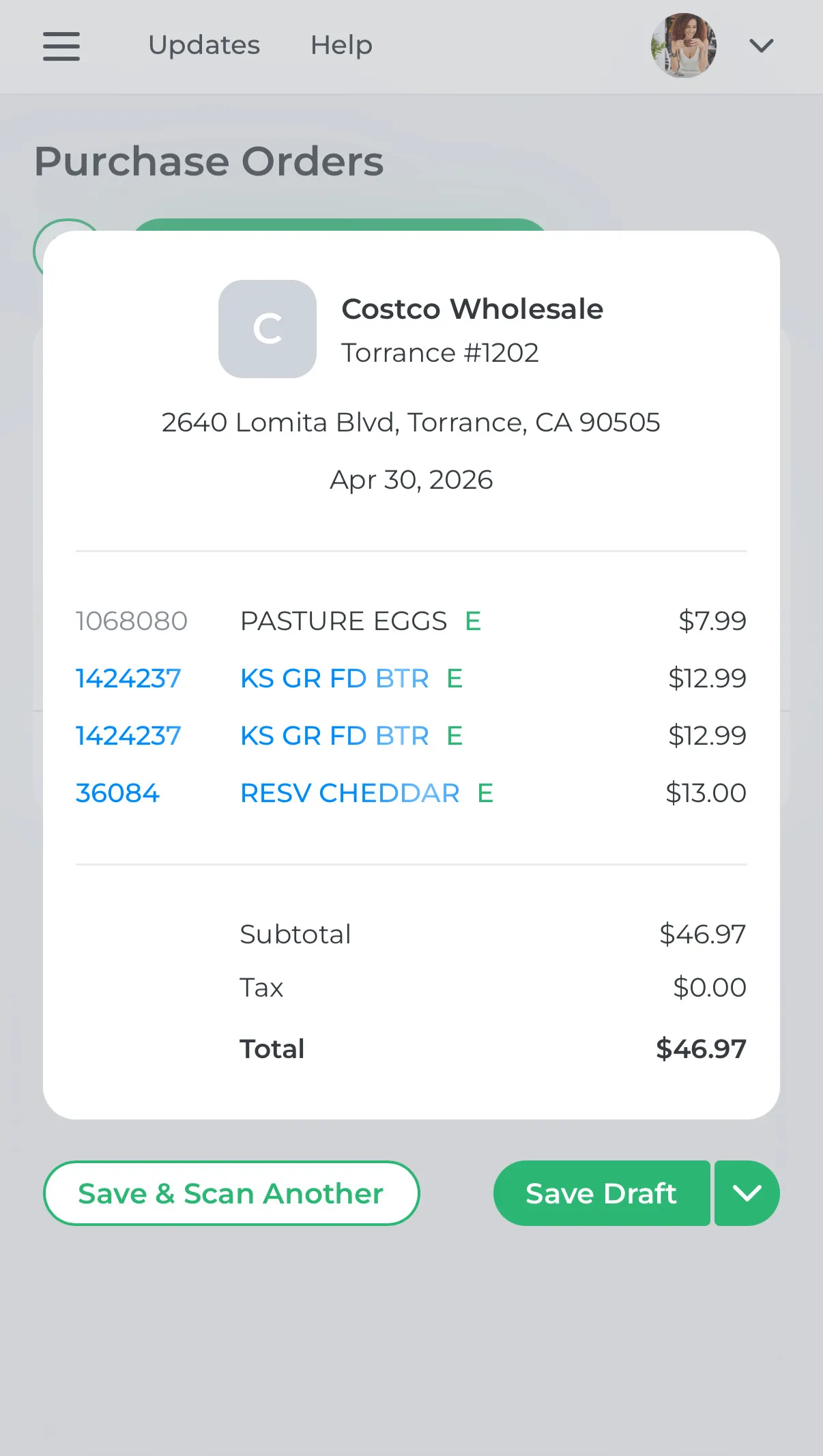 Scan your supplier's receipt and update costs and inventory instantly, right from your phone